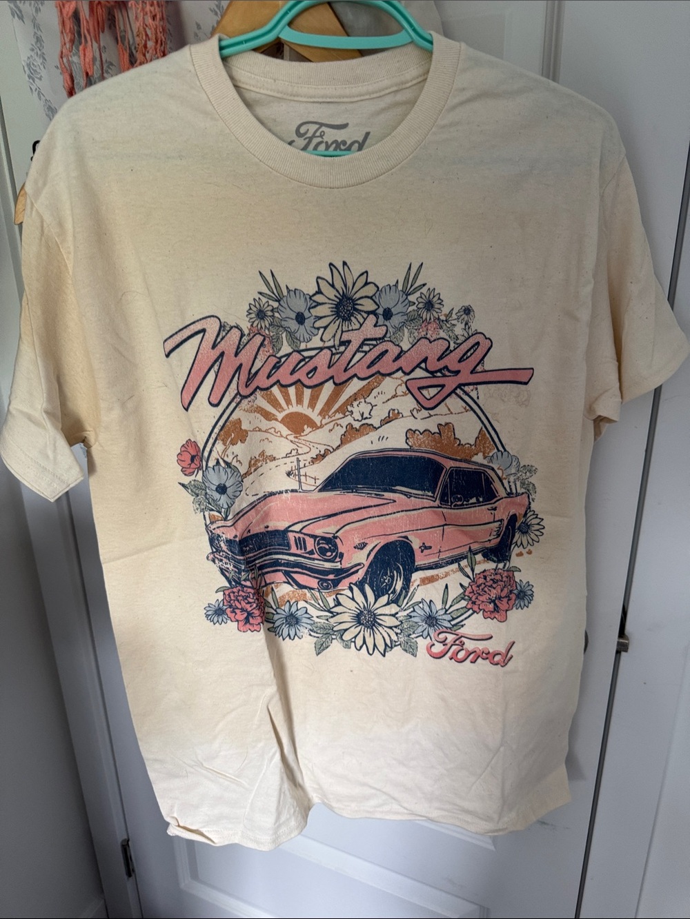 Ford Cream T-Shirt with Pink Mustang Graphic